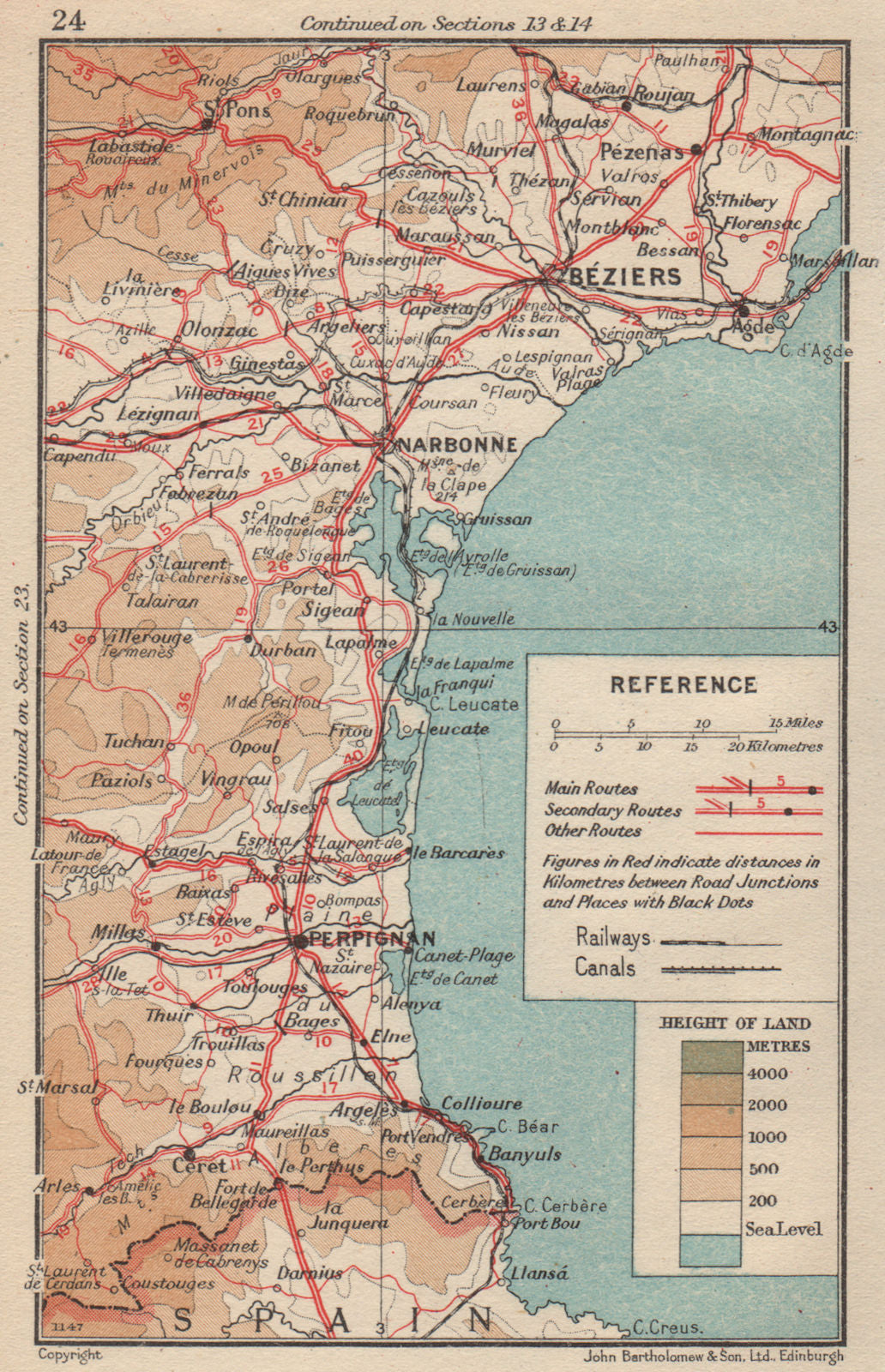 CÔTES D'AMÉTHYSTE/VERMEILLE. Valras Banyuls Argèles Canet Port Vendres 1954 map